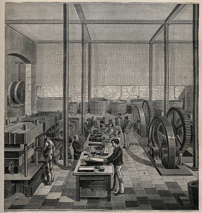 Selluloidi: selluloidien valmistus. Kaiverrus vuodelta 1885 kirjassa "Les arts et metiers illustres", kirjoittanut Adolphe BITARD. tekijältä Unknown artist