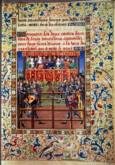 Seremoniat ja toimitukset taistelun panttina: kaksintaistelu suljetussa kentässä kahden ritarin välillä Miniatyyri Jean de Rolinin käsikirjoituksesta (1400-luku) 1460 Paris, B.N. tekijältä Unknown artist