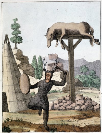 Chamanin kieli tanssii hautauksen edessä (Siperia) - kaiverrus, deb. 1800-luvulla tekijältä Unknown artist