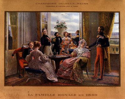 Samppanja tarjoiltuna kuninkaallisen pöydän ääressä 1840 - Delbeckin samppanjan mainosjuliste ""Entisen Ranskan hovin toimittaja"", 1800-luvun loppu tekijältä Unknown artist
