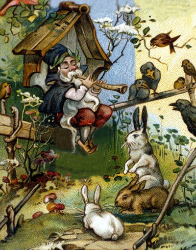 Kääpiön tai farfadet-huilusoittimen hahmo. 1800-luvun kromolitografia. tekijältä Unknown artist