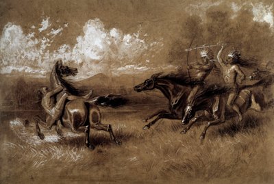 Syytös intiaanien ratsastamisesta toisen heimon vihollista vastaan Anonyymi 1800-luvun piirros. La Rochelle, Uuden maailman museo tekijältä Unknown artist