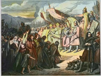 Charlemagne hyväksyy Wittekindin antautumisen Paderbornissa (785) - Kaarle Suuren voitto (742-814) Saksin Widukindin (Wittekind) saksisesta käsivarresta vuonna 785 (Widukind tai Witikind - Widukind of Saxon wars: Saxonin kapteenien johtaja tekijältä Unknown artist