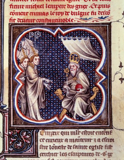 Kaarle Suuri ja eveques. Miniatyyri teoksessa Grandes Chronicles de France. Kaarle V:n Grandes Chronicles de France” (folio 102), noin 1375-1380. BN, Pariisi tekijältä Unknown artist