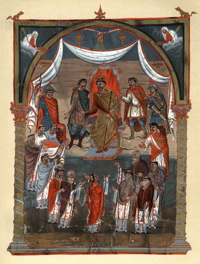 Kaarle II Kalju (823 - 877), Ranskan kuningas vastaanottaa munkkivaltuuskunnan Toursista. Faksimile 1800-luvun kromolitografiassa 1800-luvun pienoismallin jälkeen, joka on säilytetty B.N. de Paris. tekijältä Unknown artist
