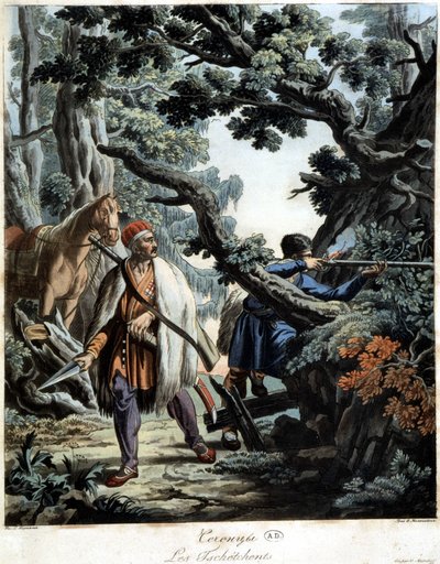 Tšetšeenit väijytys Kaukasuksen metsässä, deb. 1800-luvulla tekijältä Unknown artist