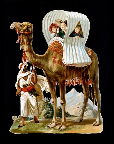 Lapset kävelevät kamelin selkäkorissa, Algeria - kromo., 1800-luvun loppu tekijältä Unknown artist