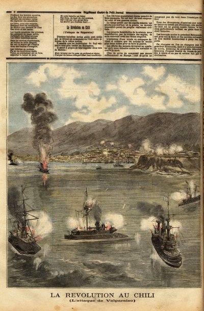 Chile, keskellä sisällissotaa, pian itsenäistymisen jälkeen, kansanedustajiksi kutsuttujen kapinallisten taistelulaivat pommittivat Chilen satamia taistellakseen presidentti Jose Manuel Balmacedan (1840-1891) vaikutusvaltaa ja politiikkaa vastaan. Kaiverru tekijältä Unknown artist