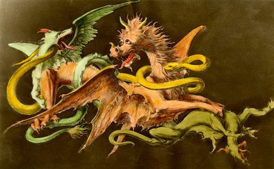 Kimeerit Lohikäärme taistelee kahta hirviötä vastaan. Kaiverrus 1800-luvulta. tekijältä Unknown artist