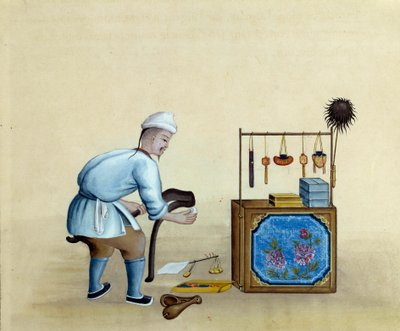 Kiinalaisen kauppiaan teroitussakset hopeaharkkojen leikkaamiseen. Piirustus 1600-luvulta. Pariisi. B N tekijältä Unknown artist