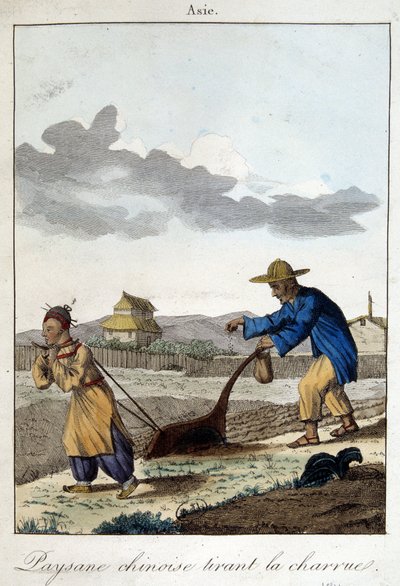 Kiinalainen talonpoika vetää auraa. Teoksessa "" Kansojen tottumukset ja tavat"", toim. Hocquart tekijältä Unknown artist