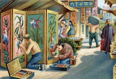 Kiinalaiset plumassiers työskentelevät kadulla: he tekevät paneeleja tai seuloja neulalla ja höyhenillä. 1800-luvun kromolitografia tekijältä Unknown artist