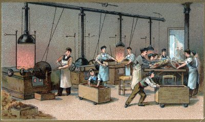 Suklaan valmistus. Kaakaon paahtohuone. 1800-luvun lopun kromolitografia tekijältä Unknown artist