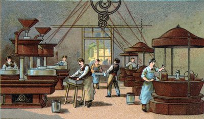 Suklaan valmistus, sekoitushuone. 1800-luvun lopun kromolitografia tekijältä Unknown artist