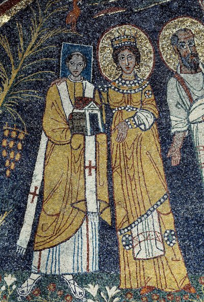 Kristus pyhän Paavalin, pyhän Cecilian, Pyhän Pascalin, Pyhän Pietarin, Pyhän Valerianon ja Pyhän Agatan joukossa (Mosaiikki, 821) tekijältä Unknown artist