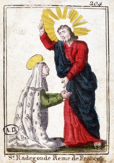 Kristus ja Saint Radegonde (n. 520 - 587), Ranskan kuningatar, Clotairen (Clothaire) vaimo I. Hurska kuva. Kaiverrus 1800-luvun alusta. Bibliotheque des Arts décoratifs de Paris. tekijältä Unknown artist