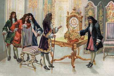 Christiaan Huygens (1629-1695), hollantilainen matemaatikko ja tähtitieteilijä, esittelee kellonsa Louis XIV:lle. tekijältä Unknown artist