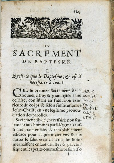 Kristillinen uskonto: kirjan "Suuri katekismus" sisäsivu. Pierre Canisiuksen teos (1600-luku) tekijältä Unknown artist