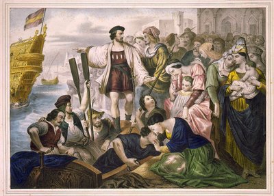 Christopher Columbus ja Pinzon-veljekset lähtivät Paloksen satamasta Espanjasta 3.8.1492 kohti uutta maailmaa. Kaiverrus sd. 1800-luvun 2. puolisko. tekijältä Unknown artist