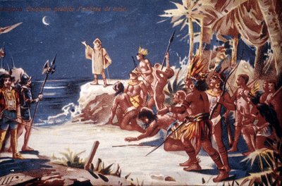 Kristoffer Kolumbus ennustaa intiaanien kuunpimennyksen. 1800-luvun kromolitografia. tekijältä Unknown artist