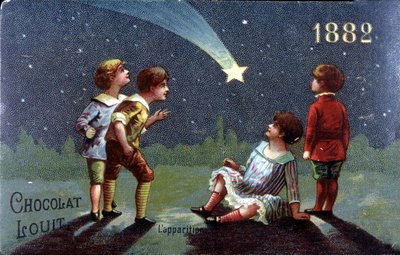 Kromolitografia Chocolat Louit vuodelta 1882. Lapset toivovat tähden ilmestyessä. tekijältä Unknown artist