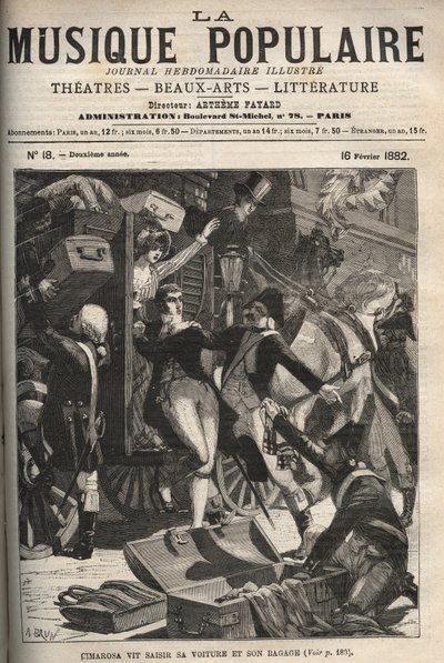 Cimarosa näkee, että hänen autonsa ja matkatavaransa takavarikoivat Domenico Cimarosan (1749-1801), italialaisen 1700-luvun säveltäjän. kaiverrus "" Popular Music""" maineikkaassa viikkolehdessä - 1882 tekijältä Unknown artist