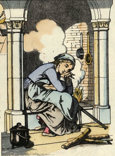 Cinderella haaveilee paremmasta elämästä keittiön takan lähellä. Kuvitus Charles Perraultin tarinasta "Cinderella or La petite slipper de verre" tekijältä Unknown artist