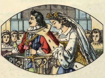Tuhkimo häät prinssin kanssa. Kuvitus Charles Perraultin tarinasta "Cinderella or La petite slipper de verre" tekijältä Unknown artist