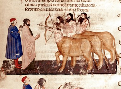 Väkivaltaisten ympyrä: Dante ja Virgil tapaavat kentaurien jouset ja nuolet. Valaistu sivu, joka havainnollistaa Helvetin seitsemännen kappaleen Dante Alighierin (1265-1321) "Divina Commediasta". 1300-luku, Venetsia, Biblioteca Marciana tekijältä Unknown artist