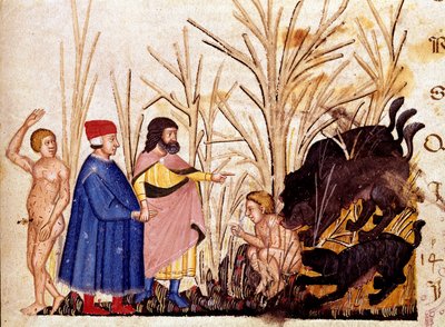 Väkivaltaisten piiri: Dante ja Virgil kohtaavat muita kohtaan väkivaltaiset. Valaistu sivu, joka havainnollistaa Hell-laulua Dante Alighierin (1265-1321) "Divina Commediasta". 1300-luku, Venetsia, Biblioteca Marciana tekijältä Unknown artist