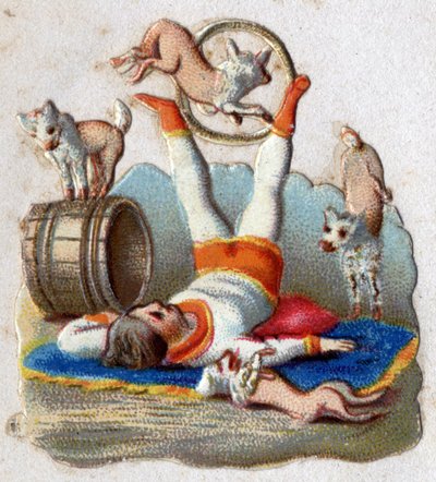 Sirkus: saaliita tekevällä eläinten kesyttäjällä on koiria, joista yksi kulkee vanteessa. Kromolitografia noin 1890. tekijältä Unknown artist