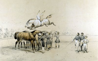 Sirkusesitys siivekäs hevonen hyppää kolmen sidotun hevosen yli. tekijältä Unknown artist