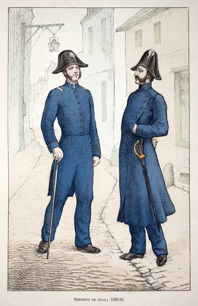 Kaupungin kersantti (1829-1830). Etsaus väreillä, havainnollistava "" Rauhanturvaajien joukkojen historia"" -kirja, joka on julkaistu Louis Lepinen (1846-1933) Seinen poliisin prefektin suojeluksessa, Alfred Rey (1864-?) ja Louis Feron (1862). -?) tekijältä Unknown artist