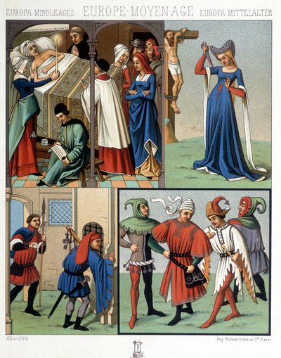 Siviiliasut keskiajalla 1300-1400-luvulta. A. Racquetin teoksessa "Historiallinen puku". tekijältä Unknown artist