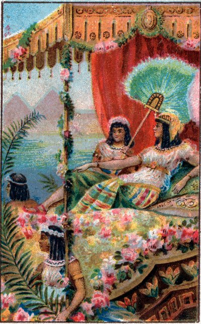 Kleopatre Kleopatre VII Thea Philopator (69-30 eKr.), Muinaisen Egyptin kuningatar palvelijoineen - Kromolitografia 1800-luvun lopulla tekijältä Unknown artist
