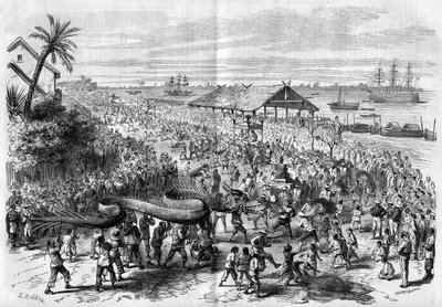 Cochinchine: vuotuinen lohikäärmekulkue, jonka Saigonin seurakunta järjesti vuonna 1865. tekijältä Unknown artist