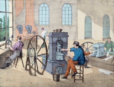Kolikoiden valmistus: työntekijät työskentelevät tehtaalla eri vaiheissa, valuvat ja valuvat kolikoita. Kaiverrus 1800-luvun Pariisista, koristetaide tekijältä Unknown artist