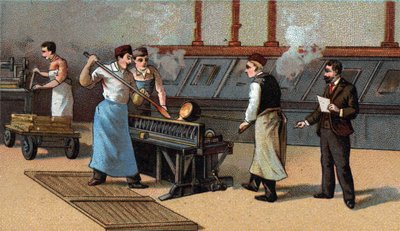 Kolikoiden valmistus, kultaiset terät. 1800-luvun lopun kromolitografia tekijältä Unknown artist