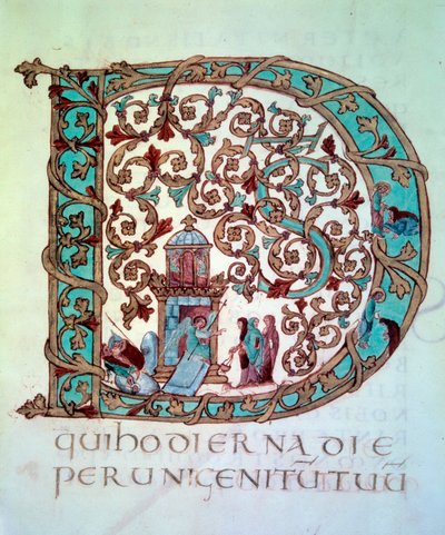 Kokoelma pääsiäistä: iso alkukirjain (letriininen) D koristeellinen ja historiee (pyhät naiset haudalla). Miniatyyri (Folio 58) käsikirjoituksesta "Sacramental of Drogon" Metzin katedraalin Tresorilta, 845-855. BN, Pariisi. tekijältä Unknown artist