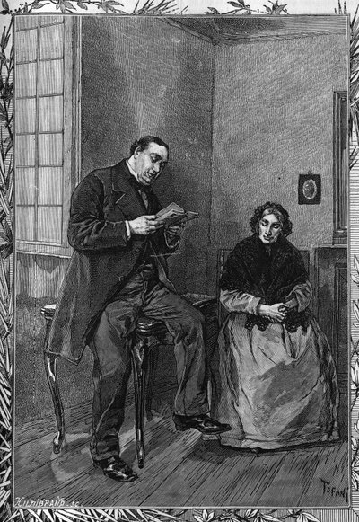 Koomikko Moessard lukee vaimoaan. Kaiverrus maineikkaaseen päiväkirjaan "" La jeunesse"" tekijältä Unknown artist