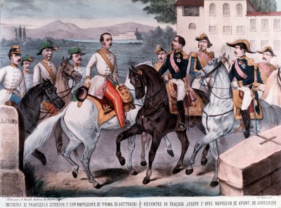 Villafrancan konferenssi, Ranskan keisarin Napoleon III:n ja keisari Francis Joseph I:n tapaaminen Itävallan alustavasta rauhasta (1859) (kaiverrus) tekijältä Unknown artist