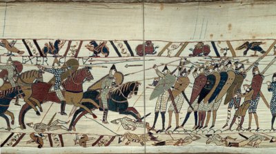 Conquete England, William Valloittaja (1027-1087) vuonna 1066, taistelukohtaus Normanin ratsuväen välillä lastaamassa Englannin kuninkaan Harold II:n saksien jalkaväkeä Yksityiskohta Bayeux