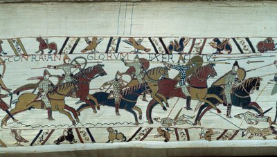 Normandian herttua William Valloittaja (1027-1087) valloitti Englannin vuonna 1066: Normandin ratsuväki hyökkäsi Hastingsin taistelussa. Yksityiskohta Bayeux