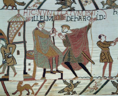Normandian herttua William Valloittaja (1027-1087) Englannin valloitus vuonna 1066: tähystäjä raportoi Harold II:n tosiasiat Williamille Hastingsin taistelussa. Yksityiskohta Bayeux