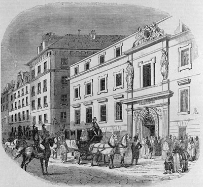 Musiikin konservatorio rue du Faubourg Poissonnieressa Pariisissa: konserttipääsy. Kaiverrus vuodelta 1860 tekijältä Unknown artist