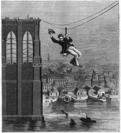Brooklynin sillan rakentaminen New Yorkissa: Mr. Farrington, päärakennusmekaanikko, siirtyy pinosta toiseen käyttämällä ensimmäistä venytettyä lankaa (25. elokuuta tekijältä Unknown artist