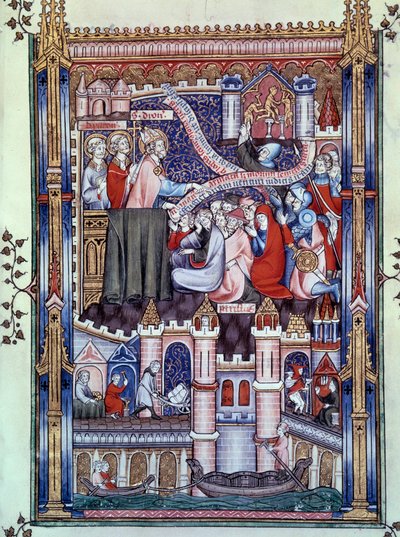 Parisilaisten muuntaminen: Pariisin sillalla, jossa kultasepänliikkeet sijaitsevat, pariisilaiset murtavat epäjumalat kullaksi. Pienoiskuva Saint-Denisin munkin Yvesin käsikirjoituksesta "" Life of Saint Denis". tekijältä Unknown artist