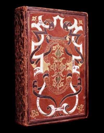 Kopio latinankielisestä Pyhästä Raamatusta, joka kuuluu Tresorierille ja bibliofiilille John Grolier de Servieresille (1479-1565), punaiseen marokiinisidontaan (Raamattu Grolier-kirjansidouksella) Chantilly musee Conde tekijältä Unknown artist