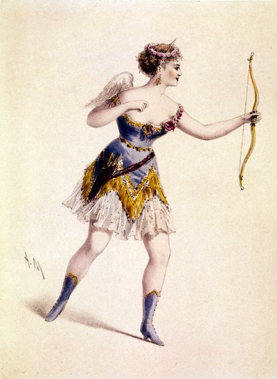 Cora Pearl (1842-1886), englantilainen kurtisaani, Cupidon roolissa oopperassa "Orphee to Hell" tekijältä Unknown artist