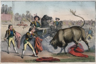Corrida Espanjassa: le picador - Bull Charging a Picador - kaiverrus kirjasta "Kaikkeuden kaikkien kansojen tavat ja perinteet". Se on kaikkien kansojen hallituksen, lakien, miliisin ja uskonnon historiaa kaukaisimmista ajoista meidän päiviimme asti. tekijältä Unknown artist